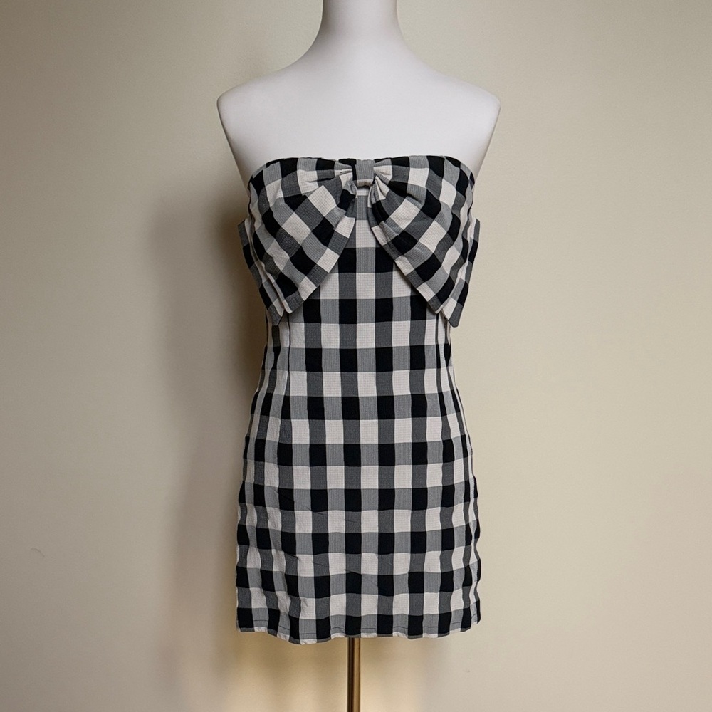 TCEC Strapless Gingham Bow Mini Dress Black Checkered Size M